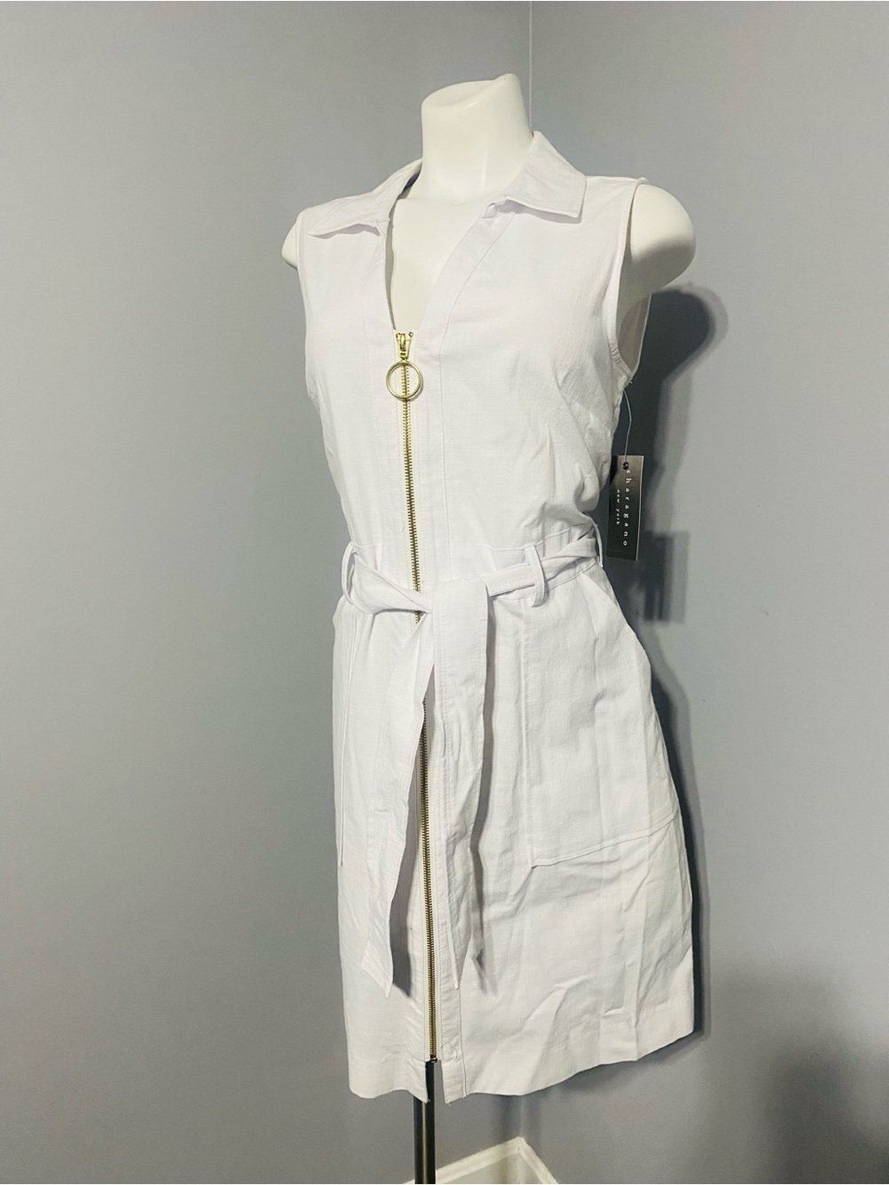 Sharagano White Sleeveless Zip-Front Mini Dress with Tie Waist
